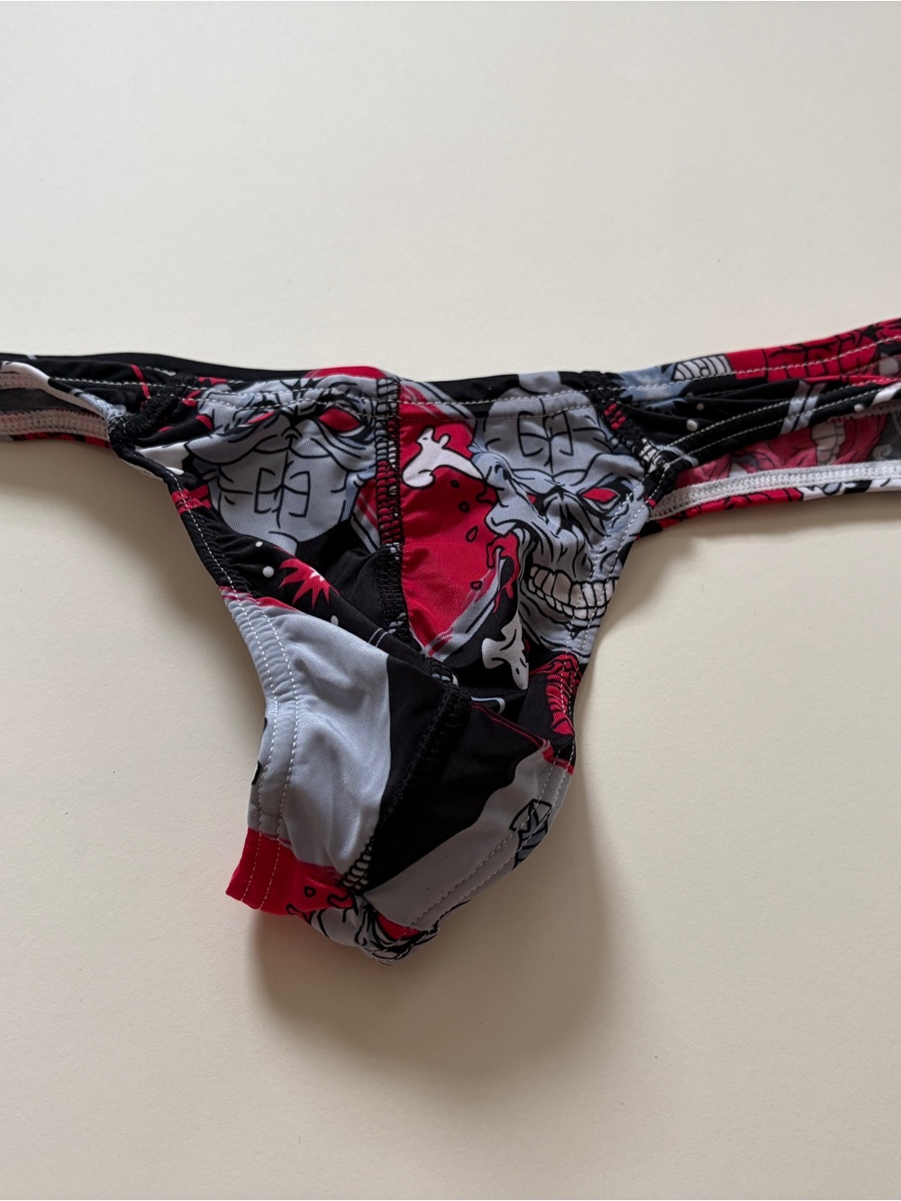 Skull Print String Bikini Bottom Thong - Black, Red, Gray